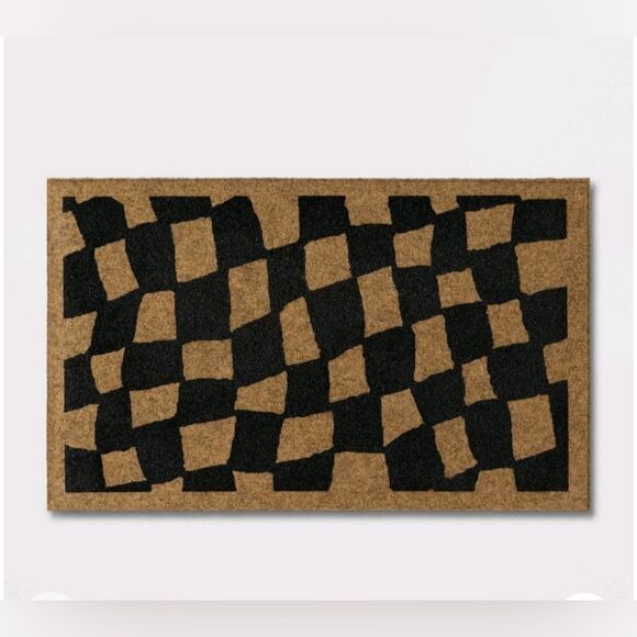1'6"x2'6" Halloween Checkered Faux Coir Doormat Natural/Black, Hyde & EEK! New - Picture 1 of 4